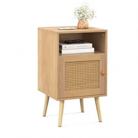 COSTWAY Nachttisch Rattan, Nachtschrank Holz, Beistelltisch mit offenem Regal & Tür, Sofatisch Landhausstil, ideal für Schlaf