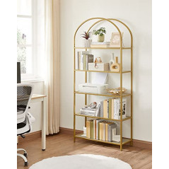 VASAGLE Regal, Bücherregal 5 Ebenen, Standregal aus Hartglas, Aufbewahrungsregal, bogenförmig, Metallstruktur, für Wohnzimmer