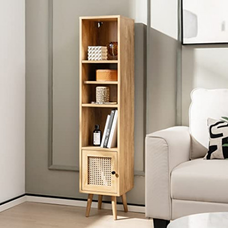 COSTWAY Hochschrank Rattan, Bücherregal mit 4 Ablagen und Rattantür, Kommode Boho Style, 29,5 x 29,5 x 137cm