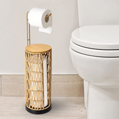 Rayofly Freistehender Toilettenpapierhalter Aufbewahrung mit Regal, Badezimmer Toilettenpapierhalter Stehend, Boho Rattan Klo
