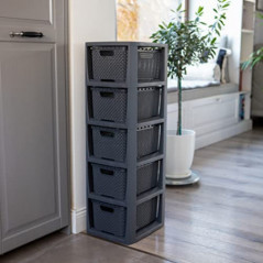BranQ - Home essential 100% recycelt Kunststoff PP, Ökologisch, Regal in Rattan Design, Anthrazit, 29,5 x 24 x 80 cm, 5 Körbe