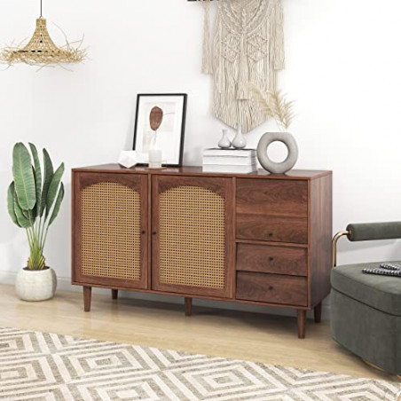 Sweiko 51" Rattan Kommode mit 2 Schubladen und 3 Türen, Sideboard mit Braune Massivholzbeine Schubladenkommode Verstellbares 