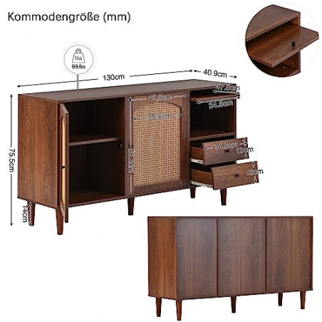 Sweiko 51" Rattan Kommode mit 2 Schubladen und 3 Türen, Sideboard mit Braune Massivholzbeine Schubladenkommode Verstellbares 