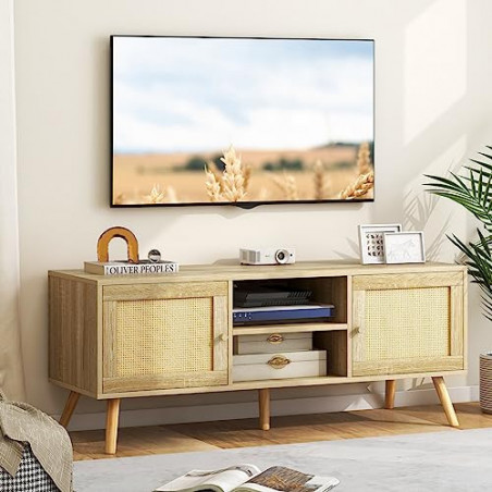 COSTWAY TV-Schrank, Rattan Lowboard für Fernseher bis zu 55 Zoll, Fernsehtisch mit 2 Türen & offenen Fächern, Fernsehschrank,