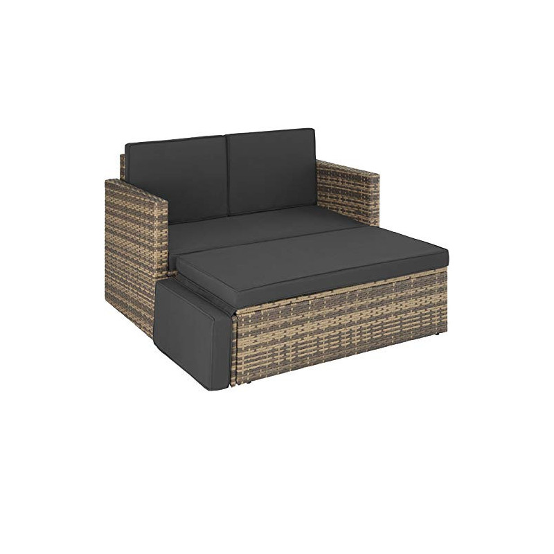 TecTake Sofa Set - 2 Sitzer Sessel mit Hocker und Schlaffunktion, kleine Rattan Couch als Outdoor Gartenmöbel, wetterfest für