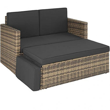 TecTake Sofa Set - 2 Sitzer Sessel mit Hocker und Schlaffunktion, kleine Rattan Couch als Outdoor Gartenmöbel, wetterfest für