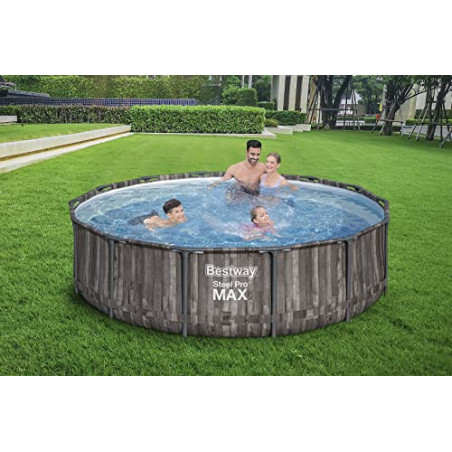 Bestway Steel Pro MAX Frame Pool Komplett-Set mit Filterpumpe Ø 427 x 107 cm, Holz-Optik  Mooreiche , rund