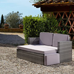TecTake Sofa Set - 2 Sitzer Sessel mit Hocker und Schlaffunktion, kleine Rattan Couch als Outdoor Gartenmöbel, wetterfest für