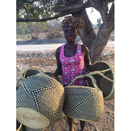 Großer Bolga Rundkorb Korb Original Afrika Ghana Einkaufskorb Ledergriff Fair Trade Ca : 35-40cm