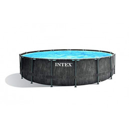 Intex Unisex – Erwachsene Premium Frame Pool Set Prism Greywood Ø 457 x 122 cm, Dunkelgraue Holzoptik