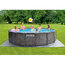 Intex Unisex – Erwachsene Premium Frame Pool Set Prism Greywood Ø 457 x 122 cm, Dunkelgraue Holzoptik