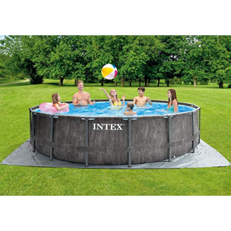 Intex Unisex – Erwachsene Premium Frame Pool Set Prism Greywood Ø 457 x 122 cm, Dunkelgraue Holzoptik