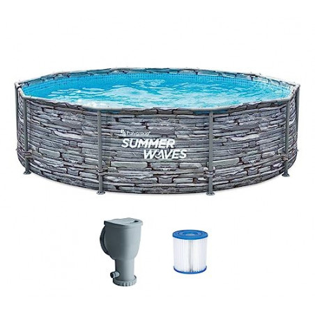 Summer Waves Frame Pool Komplettset | Rund 305x76 cm Steinoptik Grau | Aufstellpool Set | Gartenpool & Schwimmbecken inkl. Fi