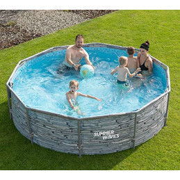 Summer Waves Frame Pool Komplettset | Rund 305x76 cm Steinoptik Grau | Aufstellpool Set | Gartenpool & Schwimmbecken inkl. Fi