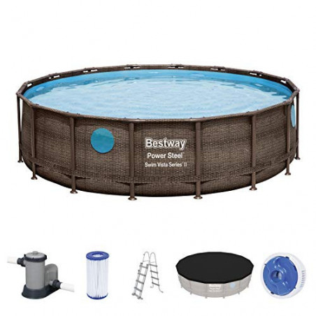 Bestway Power Steel™ Swim Vista Series™ Frame Pool, 488 x 122 cm, Komplett-Set mit Filterpumpe, rund, braune Rattan-Optik