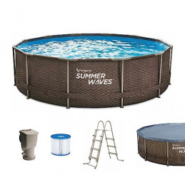 Summer Waves Frame Pool Komplettset | Rund 366x91 cm Rattan Optik Braun | Aufstellpool Set | Gartenpool & Schwimmbecken inkl.