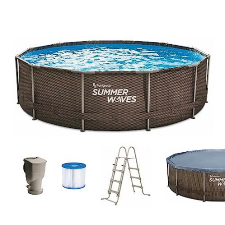 Summer Waves Frame Pool Komplettset | Rund 366x91 cm Rattan Optik Braun | Aufstellpool Set | Gartenpool & Schwimmbecken inkl.