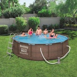 Bestway Steel Pro Max Frame Pool Komplettset Deluxe, rund, Rattan-Optik, 366 x 100 cm