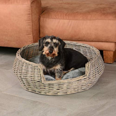 UNUS Hundebett Hundekorb Hundekörbchen aus Weide Durchmesser 65cm mit Kissen Grau für Hunde und Katzen