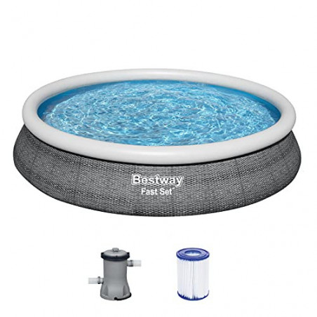 Bestway Fast Set Aufstellpool-Set mit Filterpumpe Ø 457 x 84 cm, Rattan-Optik  Schiefergrau , rund