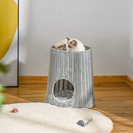 PawHut Katzenhöhle aus Rattan Katzenhaus Katzenbett Katzenkorb mit 2 Kissen Weidenkorb mit Liegedach zweistöckig geschlossene