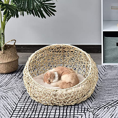 PawHut Katzenbett aus Rattan Katzenhöhle mit Kissen Katzenkorb Hundebett Katzenschlafplatz Hundehütte Tierbett für Katzen Hun