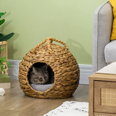 Pawhut Katzenhöhle aus Rattan Katzenhütte mit Tragegriff Katzenkorb Katzenbett mit waschbarem Kissen Haustierbett Hundehöhle 