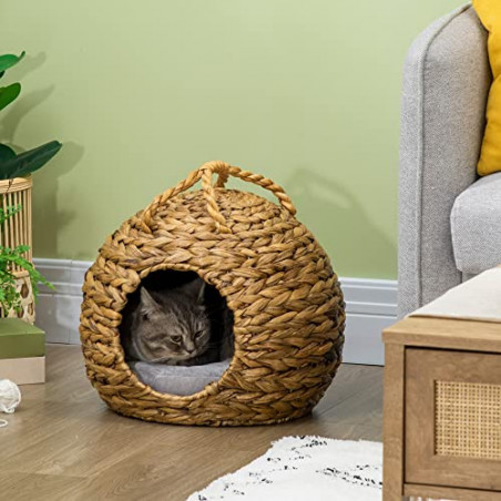 Pawhut Katzenhöhle aus Rattan Katzenhütte mit Tragegriff Katzenkorb Katzenbett mit waschbarem Kissen Haustierbett Hundehöhle 