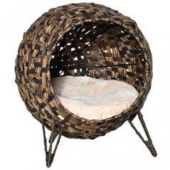 PawHut Katzenhaus aus Rattan mit Kissen Katzenschlafplatz Katzenhöhle mit erhöhten Füßen Braun Ø52 x 58 cm