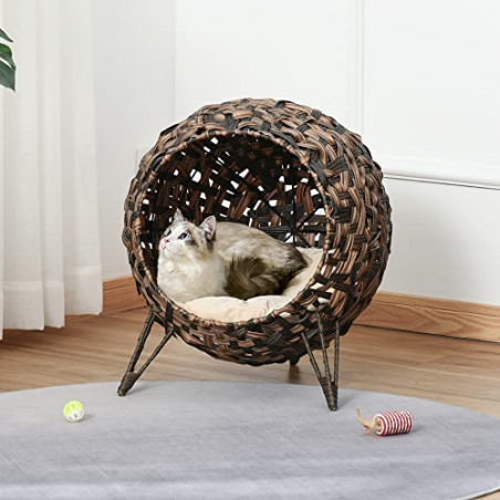 PawHut Katzenhaus aus Rattan mit Kissen Katzenschlafplatz Katzenhöhle mit erhöhten Füßen Braun Ø52 x 58 cm