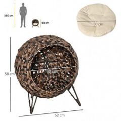 PawHut Katzenhaus aus Rattan mit Kissen Katzenschlafplatz Katzenhöhle mit erhöhten Füßen Braun Ø52 x 58 cm