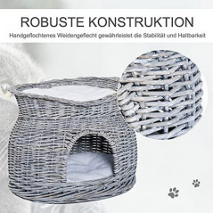 PawHut Rattan Katzenkorb Katzenhütte mit Kissen Katzenhöhle Katzenhaus mit Liegedach Haustierbett aus Wasserhyazinthe für Woh