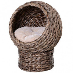 PawHut Rattan Katzenkorb Katzenhöhle Katzenhütte Katzenbett mit Kissen Haustierbett Wasserhyazinthe Dunkelbraun 42 x 33 x 52 