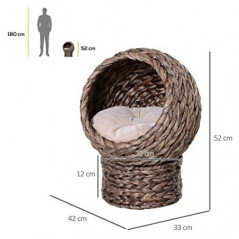 PawHut Rattan Katzenkorb Katzenhöhle Katzenhütte Katzenbett mit Kissen Haustierbett Wasserhyazinthe Dunkelbraun 42 x 33 x 52 