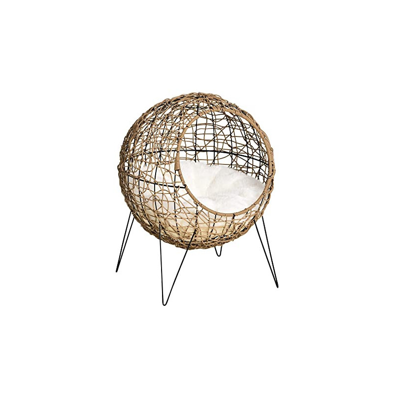 Pawhut Rattan Katzenkorb Katzenhöhle Katzenhütte Katzenbett mit Kissen erhöhtes Design Haustierbett Braun Ø45 x 57H cm