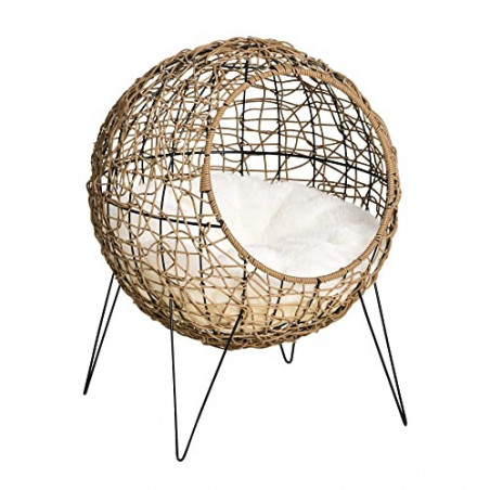 Pawhut Rattan Katzenkorb Katzenhöhle Katzenhütte Katzenbett mit Kissen erhöhtes Design Haustierbett Braun Ø45 x 57H cm