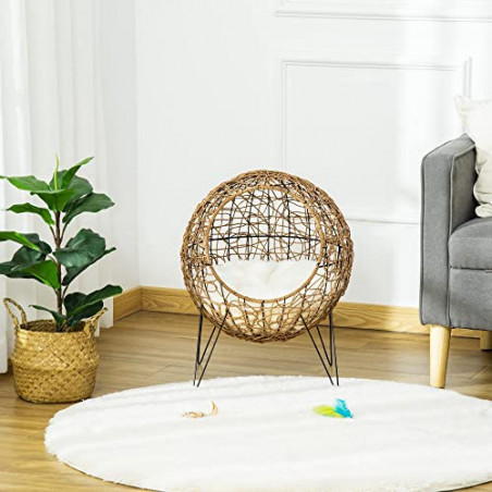 Pawhut Rattan Katzenkorb Katzenhöhle Katzenhütte Katzenbett mit Kissen erhöhtes Design Haustierbett Braun Ø45 x 57H cm