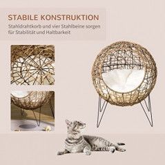 Pawhut Rattan Katzenkorb Katzenhöhle Katzenhütte Katzenbett mit Kissen erhöhtes Design Haustierbett Braun Ø45 x 57H cm