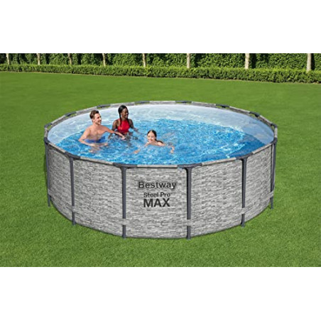 Bestway Steel Pro MAX Frame Pool Komplett-Set mit Filterpumpe Ø 427 x 122 cm, Steinwand-Optik  Cremegrau , rund