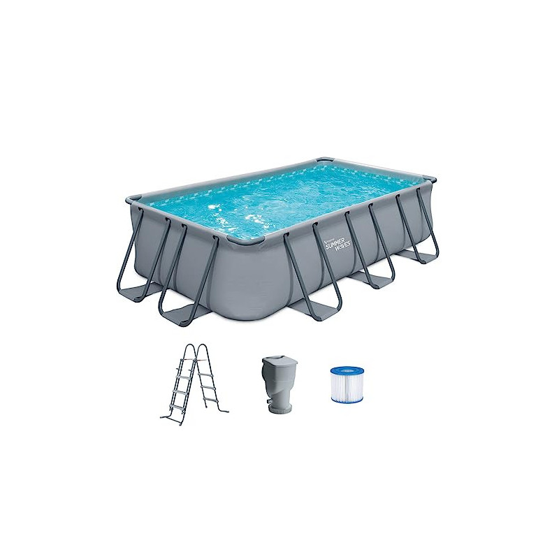 Summer Waves Frame Pool Komplettset | Rechteckig 400x200x100 cm Grau | Aufstellpool Set | Gartenpool & Schwimmbecken inkl. Fi