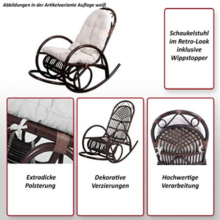 Mendler Schaukelstuhl HWC-C40AM, Schwingsessel Rattansessel, braun - Auflage weiß