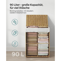 SONGMICS Wäschekorb 90 Liter, handgeflochten, Wäschesammler aus synthetischem Rattan, mit Deckel und Griffen, faltbar, Wäsche