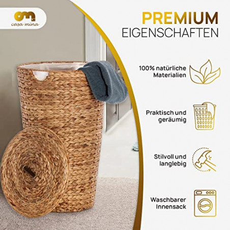 Casa Mina® Wäschekorb mit Deckel D30 x H45cm hoch I Atmungsaktiver Wäschekorb geflochten aus 100% Naturfaser I Robuster Wäsch