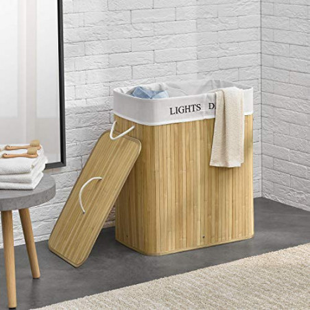 Juskys Bambus Wäschekorb Curly 100 Liter Natur - Wäschesammler mit Deckel, Griff & 2 Fächer - Stoff Wäschesack herausnehmbar 