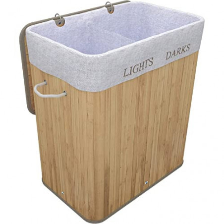 TOSANEO 100 Liter Bambus Wäschebox Faltbarer Wäschekorb mit 2 Fächern Wäschesammler mit Deckel Wäschetruhe mit großem Fassung