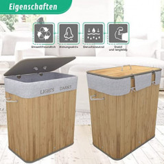 TOSANEO 100 Liter Bambus Wäschebox Faltbarer Wäschekorb mit 2 Fächern Wäschesammler mit Deckel Wäschetruhe mit großem Fassung