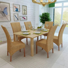 Festnight 6er Set Esszimmerstühle aus Mangoholz und Rattan | Essstuhl Küchenstuhl Rattanstuhl holzstuhl | Stuhl Set für Küche