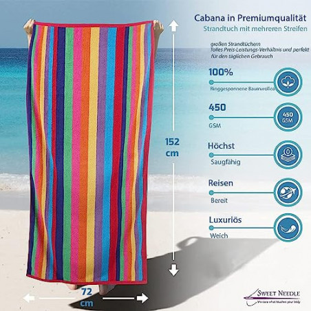 SweetNeedle Strandtücher – Multi Cabana Stripe Classic, 100% Baumwoll-Frottee, ringgesponnenes Pooltuch, schnell trocknend, 4