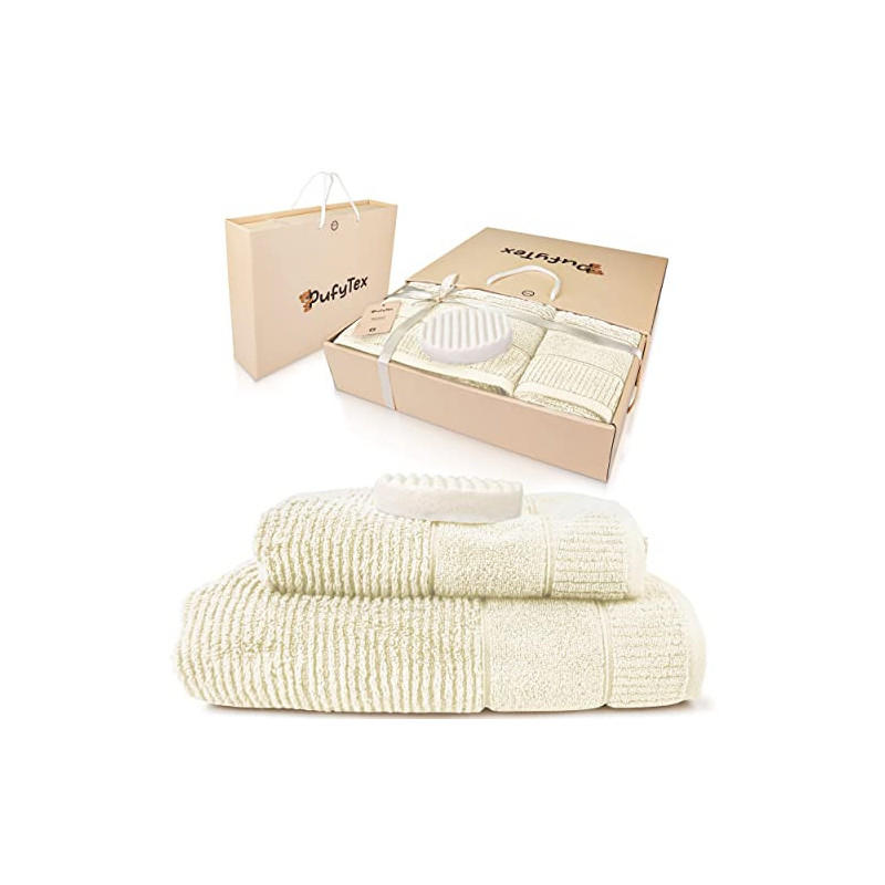 Pufy Tex® Premium Saunahandtuch Geschenk Set - Flauschige XXL-Handtücher aus 100% Bio-Baumwolle - Inklusive Schwammseife - Fü