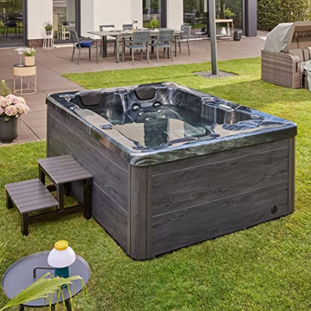 Home Deluxe - Outdoor Whirlpool - Black Marble Plus Treppe und Thermoabdeckung - Maße 210 x 160 x 85 cm - Inkl. Heizung, 27 M